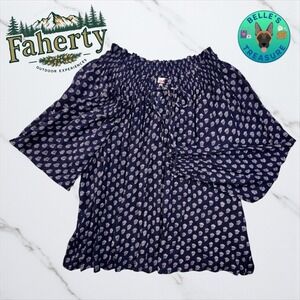 Faherty Top Womens XS Emery Blouse Lotus Floral Oversized Navy Tie Neck Western